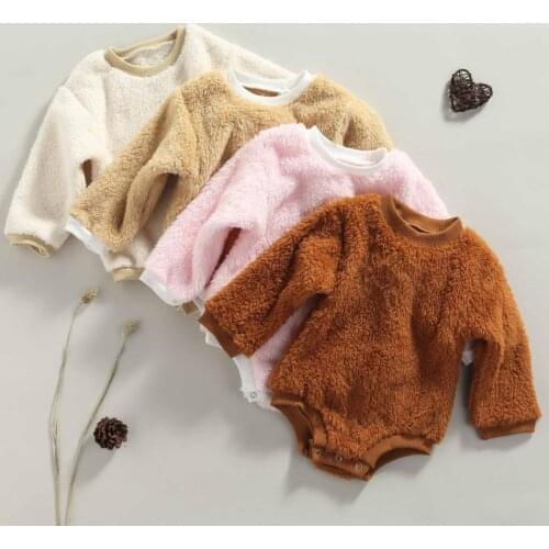 Baby Kids Winter Autumn Rompers Plush Splicing O-Neck Long Sleeve Crotch Buttons Jumpsuit Toddlers Girls Boys Warm Bodysuits