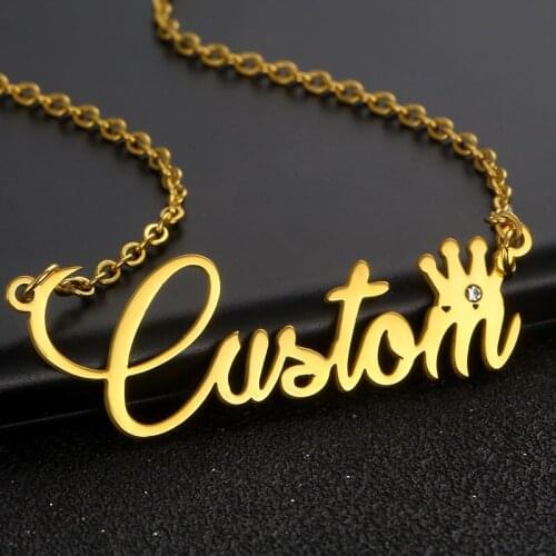Customized Fashion Stainless Steel Diamond Name Necklaces for Women Personalized Custom Crown Letter Necklace Nameplate Pendant