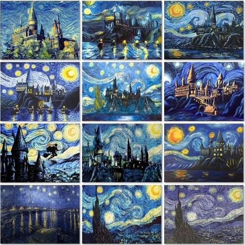 Van Gogh Starry Night Diamond Painting 5D Cross Stitch Kit Diy Abstract Oil Painting Mosaic Diamond Embroidery Castle Art Lx929