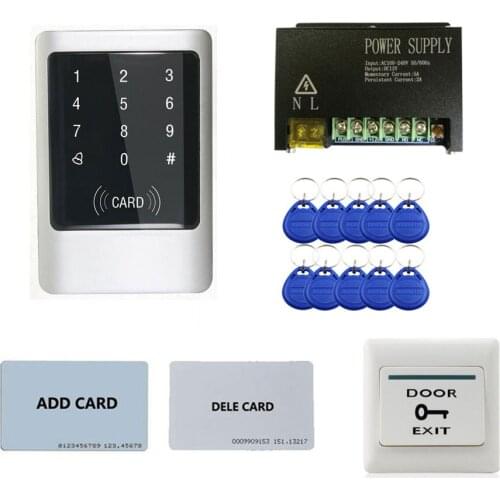 Access control kit,metal standalone access control touch keypadl+ power supply+ lock +exit button+ 10 keyfob ID tags