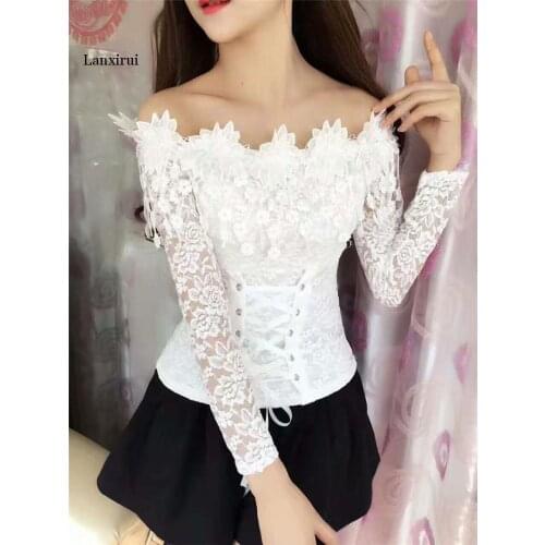 Lanxirui Lace Hollow Out Blouse Korean Fashion Slash neck Slim Women Lacing Blusas Long Sleeve Elegant Shirts 67537