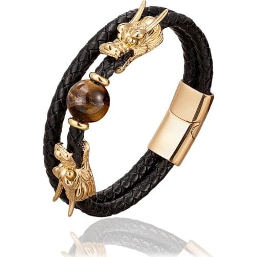 100% Natural Tiger Eyes Stone Bracelets Men 2020 New Design Dragon Shape Stainless Steel Magnet Genuine Leather Bracelet Jewelry
