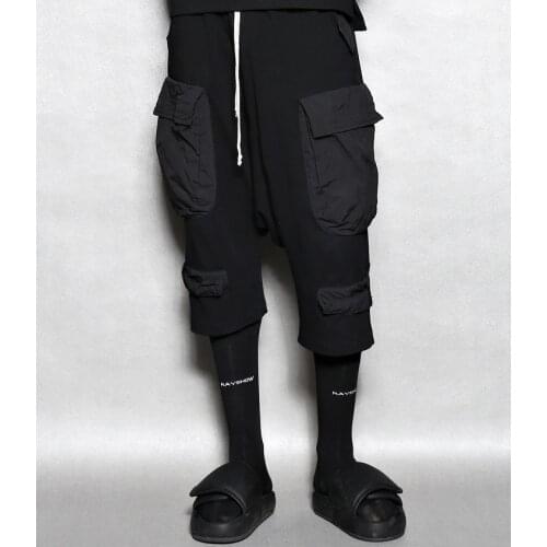 Hong Kong style mens dark purse pocket functional tapered pants loose harem pants