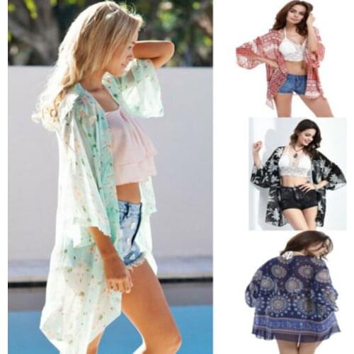 Womens Sexy Bikini Cover-Up Summer Floral Print Long Sleeve Loose Beachwear Bathing Suit Bikini Cover Up Sun Womens Swimwear