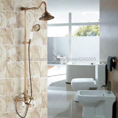 Wall Mounted Bathroom Shower Faucet Sets Double Handle Tub Mixer Tap with Hand Shower Antique Brass Krs112