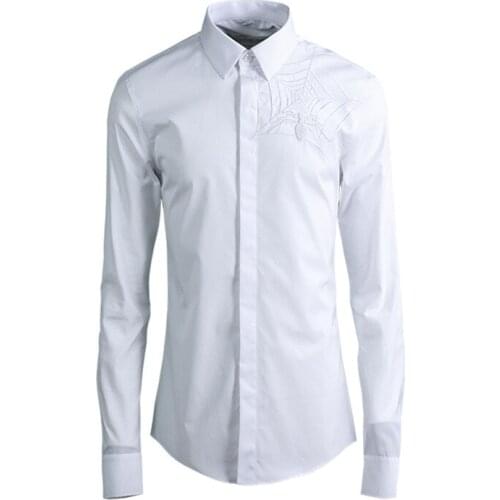 Solid Color Luxury Men Shirt Fashion Spiders Web Precision Embroidered Dress Shirts Men Long Sleeve Mens Shirts Casual Slim Fit