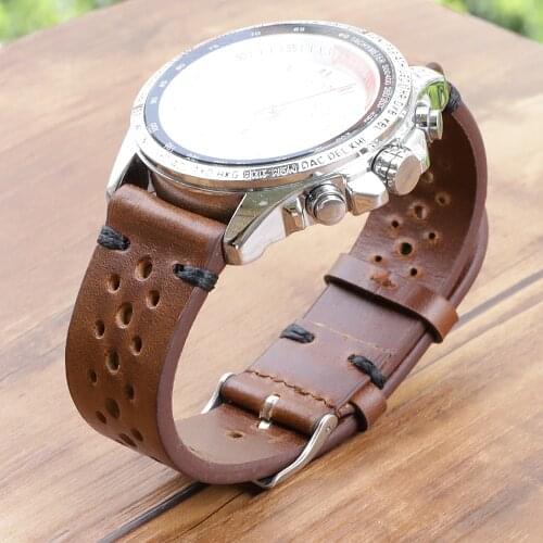 Onthelevel 18mm 19mm 20mm Watch Strap Handmade Retro Watchband Oil Max Leather Porous Watch Band 22mm 24mm Wristband #E
