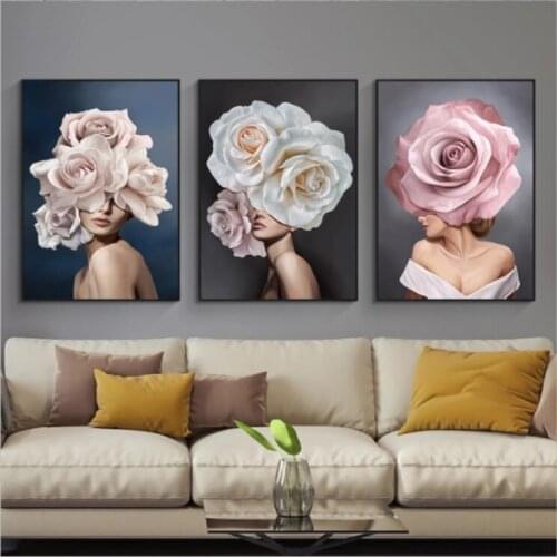 Pink White Flower Lady Poster Personality Fashion Abstract Woman Print Canvas Art Painting Wall Picture Modern Living Room Decor