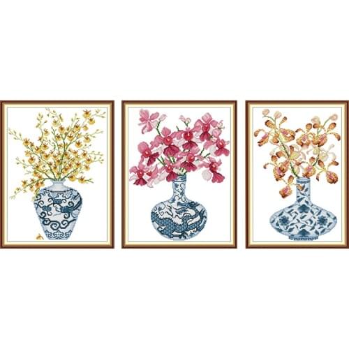 Joy Sunday Stamped Cross Stitch Kit Chinese Blue and White Porcelain 14CT 11CT Counted Fabric Handmade Embroidery Needlework Set