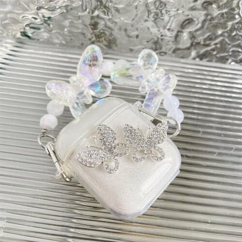 Luxury Diamond Butterfly Clear Bracelet Earphone Charging Protective Cover For AirPods 1 2 Pro Bluetooth-compatible Headset Case