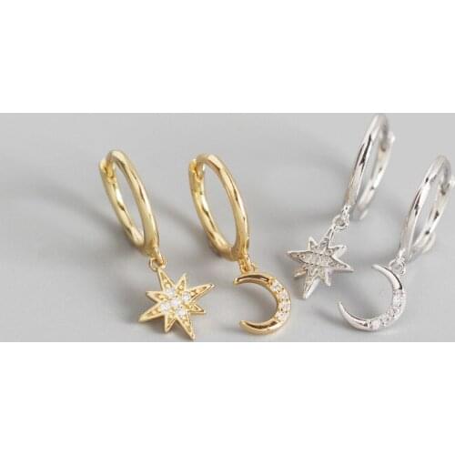 YPAY 100% Genuine 925 Sterling Silver Hoop Earrings for Women Female Asymmetry Small Moon & Star Pendant Earring Jewelry YME838