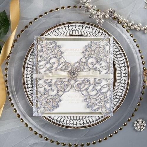 Fold silver glitter Flowers fold Customized Paper Wholesale Laser Cutting Wedding Invitation Cards RSVP Cards with Envelope