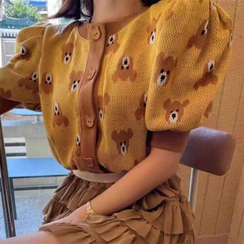 Spring and Autumn Button Round Neck Cardigan Knitted Bear Pattern Puff Sleeve Top