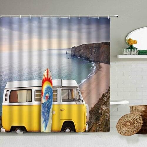 Summer Seaside Vacation Camping Car Shower Curtain Classic Travel Surfing Bathroom Decoration With Hook Waterproof Screen Set