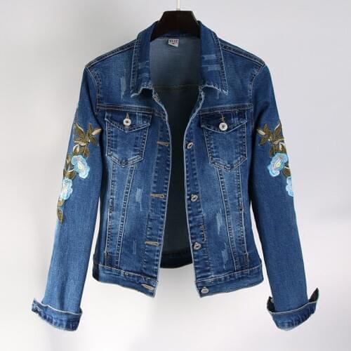 2019 Spring Autumn Denim Jacket Women Plus Size Long Sleeve Jeans Jackets Embroidery Flower Ladies Coat Vintage Casual Outerwear
