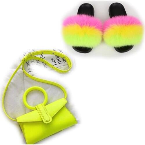 Women Fluffy Fur Slippers Colorful Candy Shoulder Bag Shoes Sets Woman Real Fox Hair Slides Ladies Plush Sandals Crossbody Purse