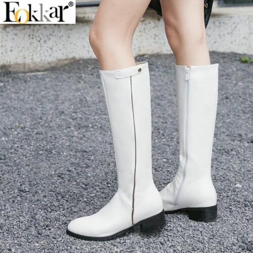 Eokkar 2020 Women Knee High Boots Pu Leather Square Mid Heel Zipper All Match Winter Boots Solid Ladies Boots Big Size 34-43