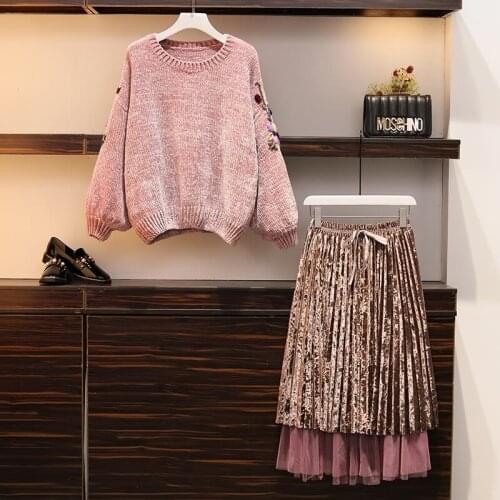 VERHELLEN Plus Size M-4XL Flower Knitted 2 Piece Set Women 2019 Autumn Womens Lantern Sleeve Sweater+Velvet Pleated Skirt Suits