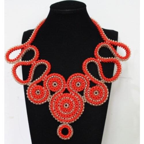 Dudo Bridal Necklace Orange and Gold Geometric African Style Nigerian Beads Bridal Jewelry Set For Party Women 2019 Crystal Set