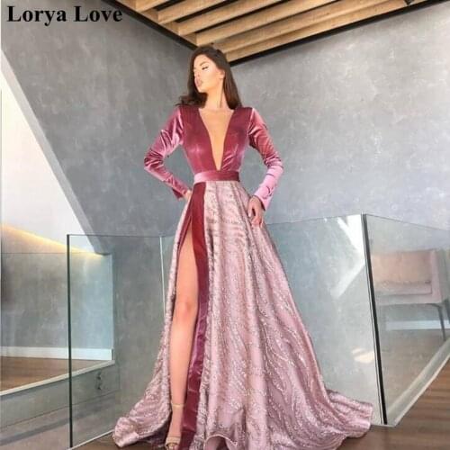 Split A-Line Sequin Evening Dresses 2020 Elegant Women Pink Long Sleeves Formal Party Night Gowns Robe De Soiree Sexy Prom Dress