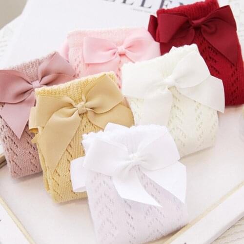 1 Pair 1-5 Years Old Baby Knee Socks Plain Weave Non-slip Pure Cotton Baby Girls Knee High Bow Socks for Gifts Photography Props