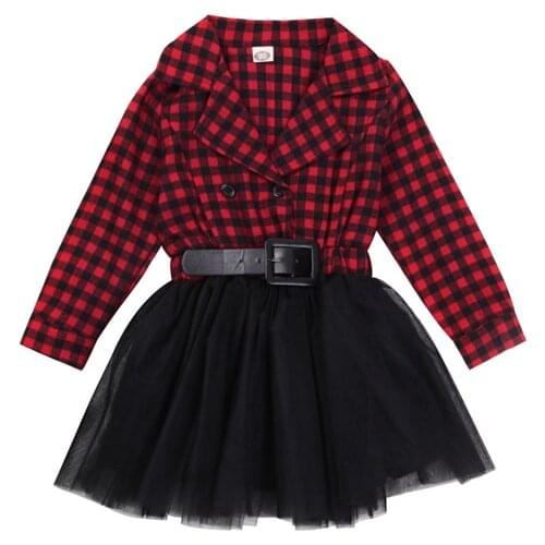 2017 Xmas Fashion Casual Newborn Baby Girls Long Sleeve Turn-down Collar Knee-Length Plaid Lace Ball Gown Princess Dress 2-7Y