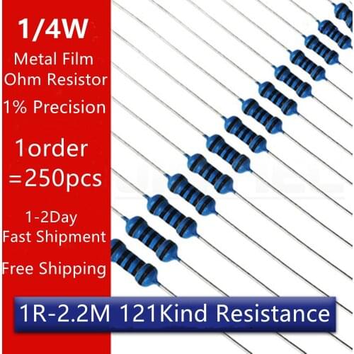 250Pcs Metal Film Resistor 1/4W 1% Electronic Resistors Assorted Kit Set 1R~2.2M 1K 2.2K 4.7K 10K 100R 220R Full Ohm Resistance