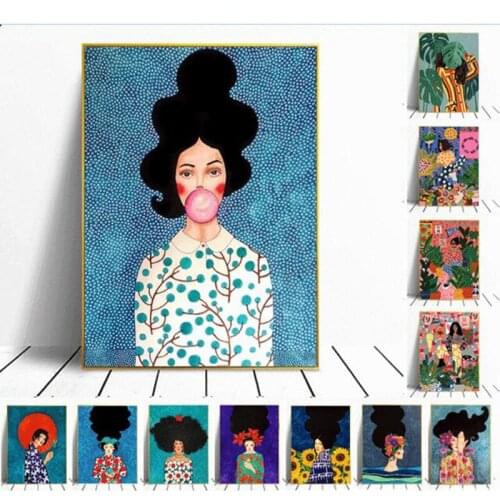 Abstract Flowers Girl Hair Wall Art Canvas Painting Bird Nordic Poster Art Prints Wall Pictures For Living Room Vintage Unframed