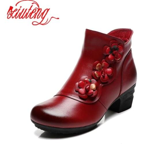 Xiuteng New Cow Leather Ankle Boots Women Shoes Genuine Leather Winter Boots Soft Flower Comfortable Warm Spare Heel Boots