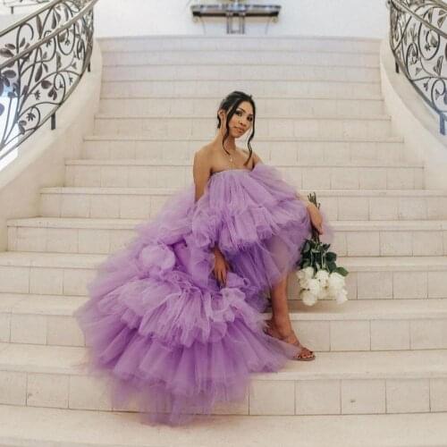 Elegant Fashion Lavender Ruffles Tulle High Low Women Dresses Strapless Long Mesh Dress Ruffles Tiered Party Bridal Tulle Dress