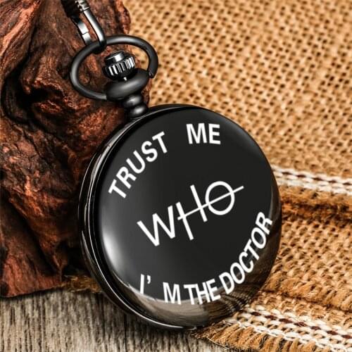Smooth Black Doc.Who Theme Printed Quartz Pocket Watch Retro Fob Pendant Pocket Clock Gifts Men Women Kids