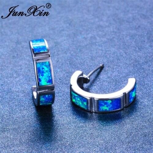JUNXIN Minimalist Female Male Blue White Fire Opal Bar Stud Earrings For Women Men Silver Color Geometric Earrings Wedding