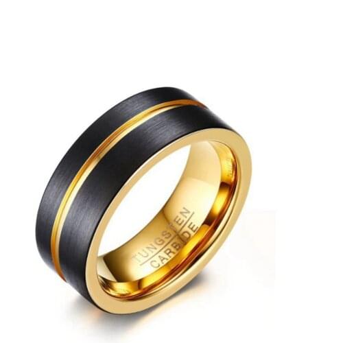 Mens Womens Wedding Band Tungsten Carbide Ring Black Gold With Offset Groove And Brush Finish