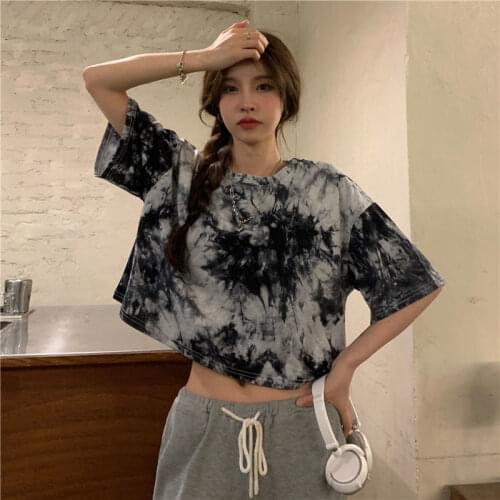 Tie-dyed short T-shirt womens summer loose wild short sleeve 2021 new bellybutton babes tops