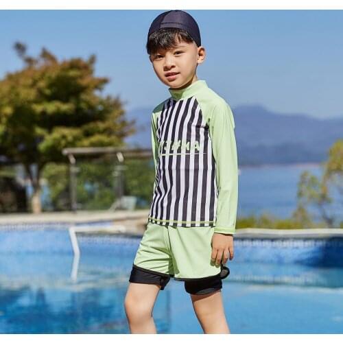Boys Two Piece Rash Guard Swimsuits Kids Long Sleeve Sunsuit Swimwear Sets with Swim Cap Sun Protection Shirt & Trunks Beachwear