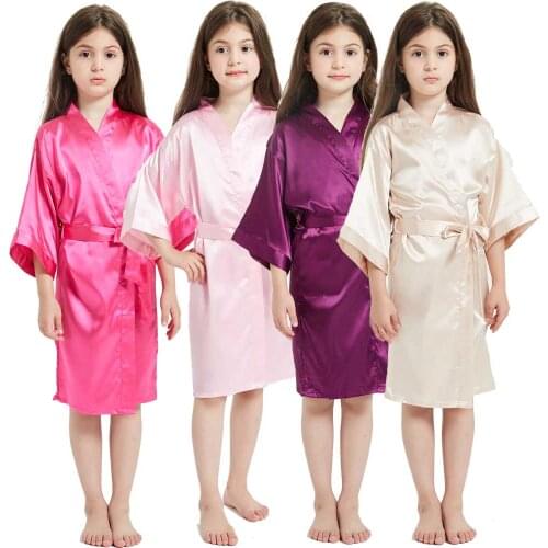 Girls Summer Kimono Gowns Stain Bathrobes for Kids Girls Birthday Party Dresses Bride Wedding Dress Wowen Nightgowns Sleepwear