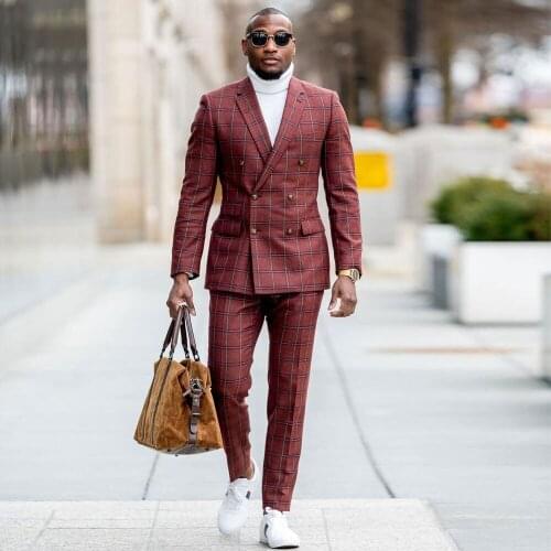 Dark Red Damier Check Mens Suit Notched Lapel For Wedding Blazers Male Tuxedos Double Breasted Prom Jackets With Trousers