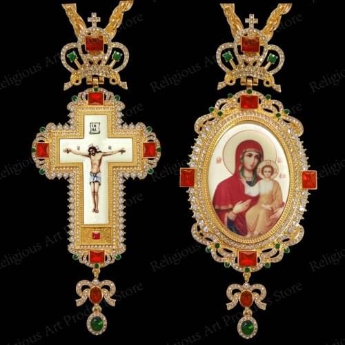 Pectoral Cross set Zircon Christian Jewelry with Long Chain Greek Orthodox Icon Jesus Virgin Mary Cross for Priests High Quality