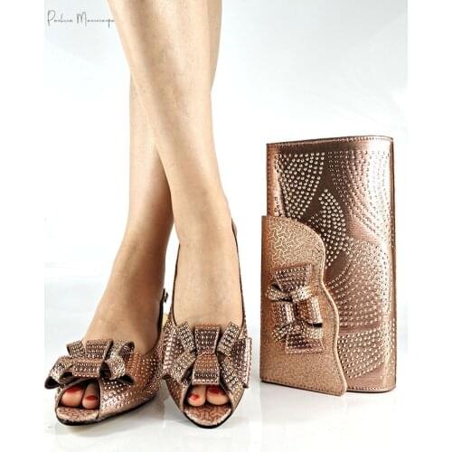Nigerian 2021 New Peach Color Italian Design Party Ladies Shoes and Bag Set With Special Narrow Band and Cross-tied Decoration