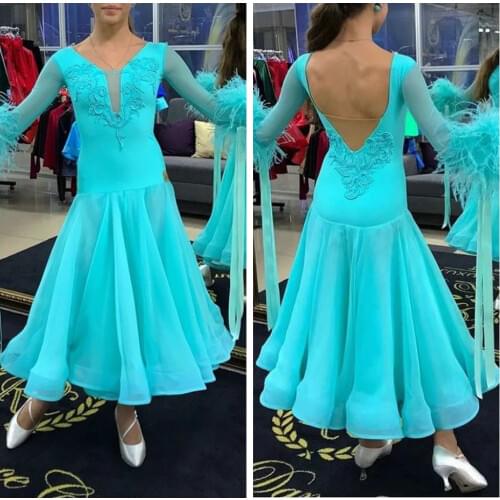 Ballroom dance competition dress ballrom dancing wear ballroom dance clothing cuffs with feathers stage costumes Green color