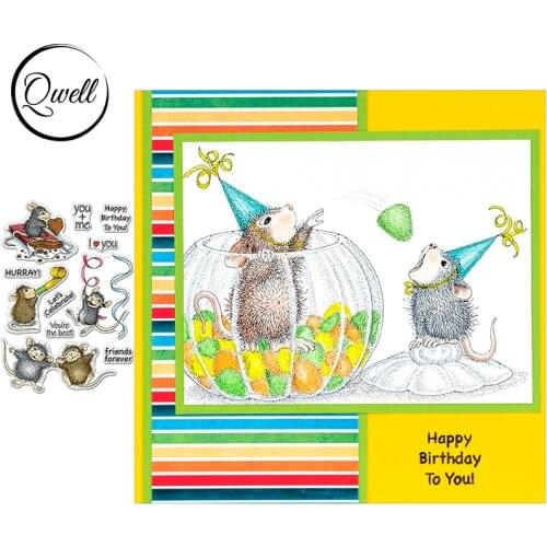 QWELL Animal Mice Friends Birthday Celebration 4*6 inch Clear Silicone Stamps DIY Scrapbooking Craft Paper Cards 2020 New