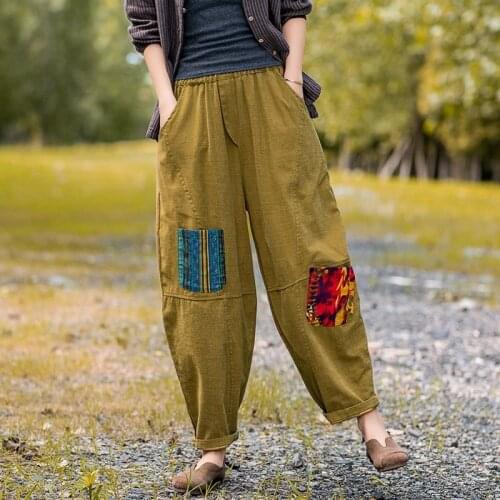 Chinese Style Harem Pants Women Cotton Linen Vintage Pants Original Harem Trousers Loose Casual Patcwork Cotton Pants 12249
