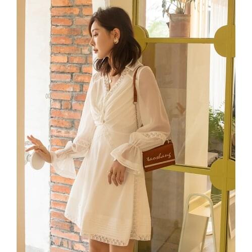 YIGELILA Autumn Long Sleeves Chiffon Dress Deep V-neck Hollow Out Short Dress Above Knee Flare Sleeves Dress 65164
