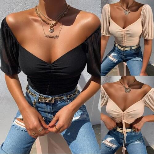 Women Sexy Off Shoulder Deep V-neck Crop Tops Mesh Puff Short Sleeve Shirts Solid Color Drawstring Ruched Tops Streetwear