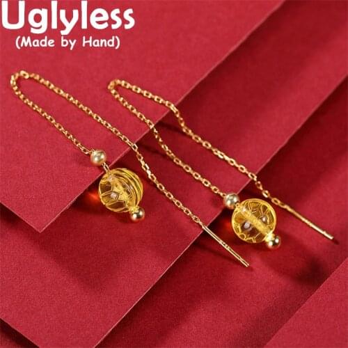 Uglyless Summer Fashion Dress Long Ear Lines for Women Natural Beeswax Amber Earrings Creative Turtle Brincos 925 Silver Jewelry