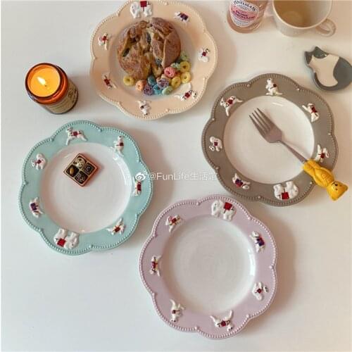 Japanese Cute Childlike Relief Animal Cat Rabbit Elephant Flower Shape Ceramic Plate