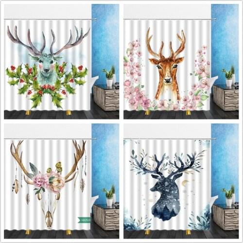 Water Color Shower Curtains Animal Deer Elk Flowers Red Fruit Antlers 3D Bathroom Home Decor Waterproof Polyester Cloth Curtain