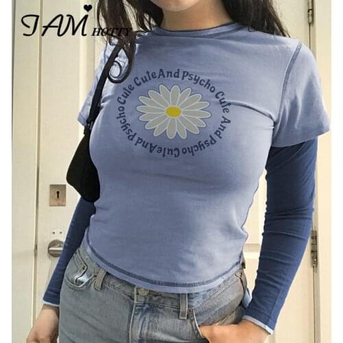 Blue Patchwork Long Sleeve Floral Print Aesthetic Corset Top Tee Women Casual y2k Fashion Autumn T-shirts For Girls2021 Iamhotty