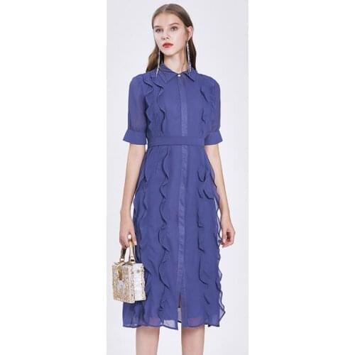 Womens spring summer short sleeve ruffles chiffon dress female runway fashion high waist plus size medium long dress TB764
