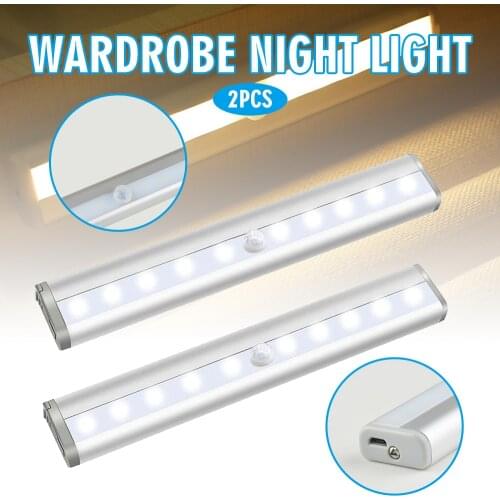 2pcs 0.8W 10 LED Under Cabinet Wardrobe Night Light Motion Detector Sensor Lamp Wireless Bedroom Indoor Lighting